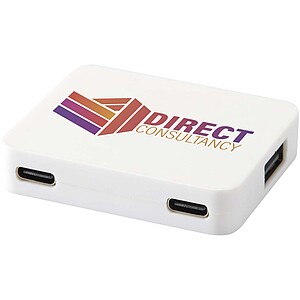 4portový USB hub s výstupy USB-A a Type-C a duálním vstupem – vyrobeno z recyklovaného plastu, bílá