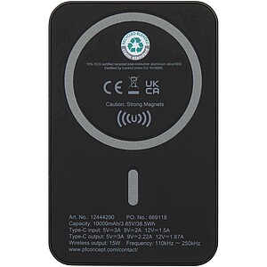 Bezdrátová 15W magnetická powerbanka, 10 000 mAh s 20W PD – vyrobeno z recyklovaného plastu, černá