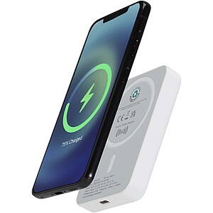 Bezdrátová magnetická powerbanka 5000 mAh 15W s 20W PD – vyrobeno z recyklovaného plastu, bílá - reklamní předměty