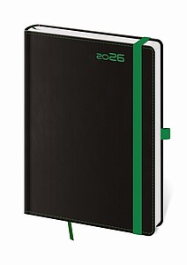 Black Green 2026 diář týdenní B6, černý se zelenou gumičkou