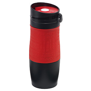 Černý nerezový termohrnek 380ml, s červeným rukávem - reklamní předměty