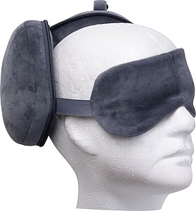 Cestovní sada polštářku a masky na oči, tmavě šedá