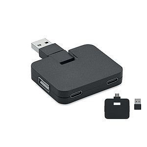 Čtyřportový 2.0 USB rozbočovač z ABS. Výstup: 2x typ A a 2x typ C. Vstup: Typ C a Typ A. Délka kabelu: 20 cm., černá
