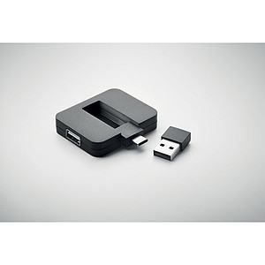 Čtyřportový 2.0 USB rozbočovač z ABS. Výstup: 2x typ A a 2x typ C. Vstup: Typ C a Typ A. Délka kabelu: 20 cm., černá