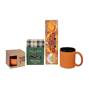 DARELA ORANGE Sada obsahující francouzské sušenky, čaj, svíčku a oranžový hrnek, v dárkové krabici