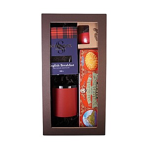 DARELA RED Sada obsahující francouzské sušenky, čaj, svíčku a červený hrnek, v dárkové krabici - reklamní předměty