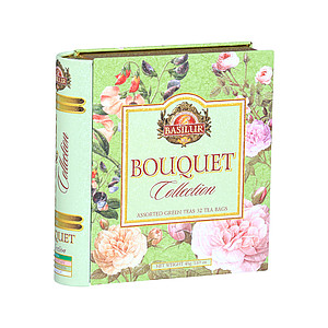 DERTOS -BASILUR Book Assorted 32 Bouquet plech 32x1.5g - dárková kolekce zelených čajů aromatizovaný s ochucujícími částmi rostlin (kousky ovoce), porcovaná - reklamní předměty