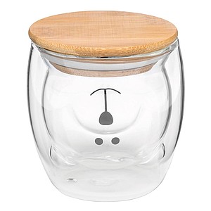 Dvoustěnný skleněný hrnek s bambusovým víčkem, vnitřní stěna ve tvaru medvídka, 250ml - reklamní hrnky