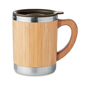 Dvouvrstvý nerezový hrnek, 300ml, víčko plastové, vnější vrstva z bambusu - termohrnek s vlastním potiskem