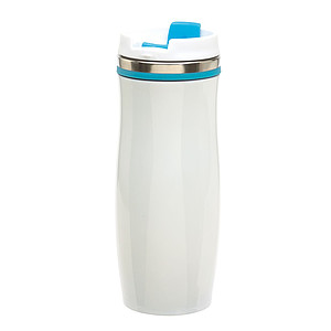GAMA Bílý nerezový termohrnek s barevným pruhem, 400 ml, světle modrá