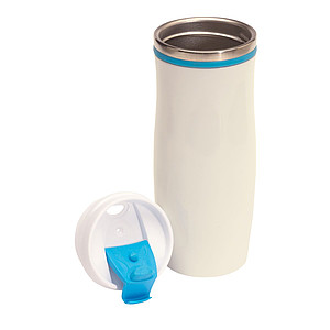 GAMA Bílý nerezový termohrnek s barevným pruhem, 400 ml, světle modrá