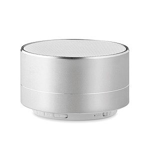 Hliníkový bluetooth reproduktor se světlem na spodní straně, matně stříbrný