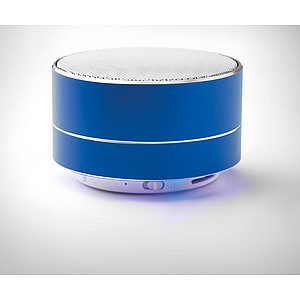Hliníkový bluetooth reproduktor se světlem na spodní straně, modrý