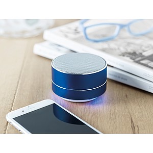 Hliníkový bluetooth reproduktor se světlem na spodní straně, modrý