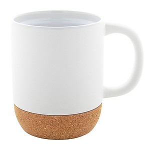 Keramický hrnek s přírodní korkovou základnou, 300 ml, bílý. V krabici z kraftového papíru. - reklamní hrnky