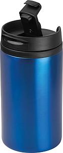 Kovový cestovní termohrnek s víčkem, uvnitř plastový, objem 250ml, modrý