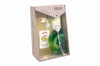 MAZELČA Dárková kazeta Fruit collection s vůní mandarinky a zeleného čaje - sprchový gel, tělové mléko a křišťálové mýdlo - reklamní předměty