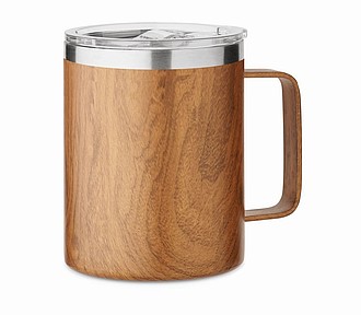 Nerezový dvoustěnný hrnek v dřevěném vzhledu, 300ml, plastové víčko - termohrnek s vlastním potiskem