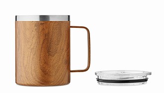 Nerezový dvoustěnný termohrnek v dřevěném vzhledu, 300ml, plastové víčko