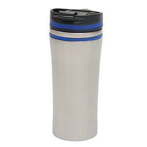 Nerezový termohrnek, objem 400ml, stříbrné tělo s modrým detailem - termohrnek s vlastním potiskem