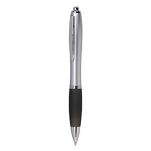 Plastová propiska se stříbrným tělem s barevným proužkem, d. 14 cm, černá