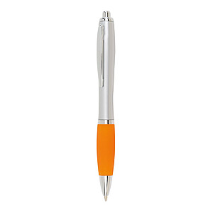 Plastová propiska se stříbrným tělem s barevným proužkem, d. 14 cm, oranžová