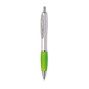 Plastová propiska se stříbrným tělem s barevným proužkem, d. 14 cm, světle zelená