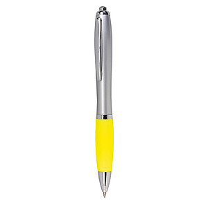 Plastová propiska se stříbrným tělem s barevným proužkem, d. 14 cm, žlutá