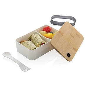Plastový lunchbox s bambusovým víčkem a vidličkou, bílá