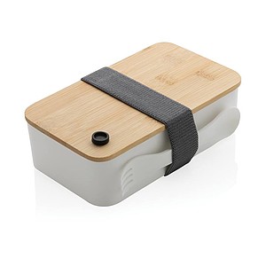 Plastový lunchbox s bambusovým víčkem a vidličkou, bílá