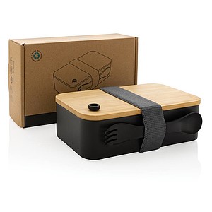 Plastový lunchbox s bambusovým víčkem a vidličkou, černá