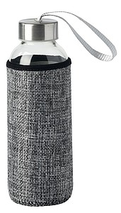 Skleněná láhev na pití, 450ml, s šedým jutovým obalem - reklamní předměty