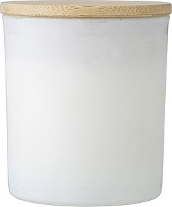 Skleněná svíčka s bambusovým víčkem, vůně vanilky, bílá