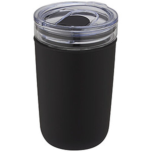 Skleněný hrnek, 420ml, s plastovou vnější stěnou a víčkem, černý - reklamní hrnky