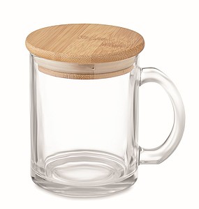 Skleněný hrnek s bambusovým víčkem, 300ml - reklamní hrnky