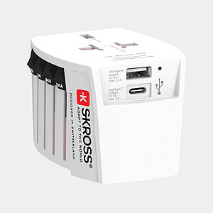 Světový cestovní adaptér MUV 2-pólový s USB A a C, bílá - reklamní předměty