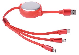 Svinovací nabíjecí kabel se 3 koncovkami, červený