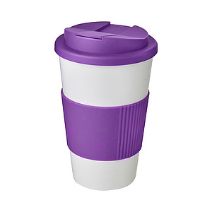 Termohrnek Americano® 350 ml s rukojetí a uzávěrem odolným proti rozlití - Bílá / Purpurová - termohrnek s vlastním potiskem