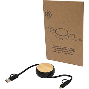 Vysouvací datový synchronizační a rychlonabíjecí 45W kabel 5 v 1 z recyklovaného plastu o délce 100 cm s bambusovými detaily, černá