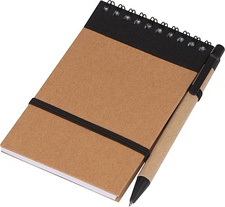 Zápisníček s kroužkovou vazbou, linkovanými listy a propiskou, černá - ekologické reklamní předměty