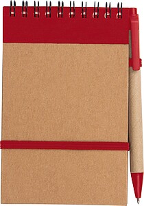 Zápisníček s kroužkovou vazbou, linkovanými listy a propiskou, červená