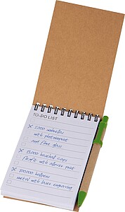 Zápisníček s kroužkovou vazbou, linkovanými listy a propiskou, zelená