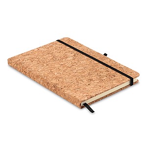 Zápisník A5 linkovaný s korkovými deskami, poutko na tužku a elastická gumička pro zavírání je černé