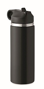 Dvoustěnná láhev na pití z recyklované nerezové oceli s integrovaným brčkem, 500ml, černá