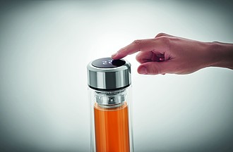 Dvoustěnná skleněná láhev na pití s teploměrem ve víčku, 390ml