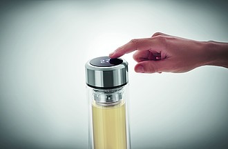 Dvoustěnná skleněná láhev na pití s teploměrem ve víčku, 390ml
