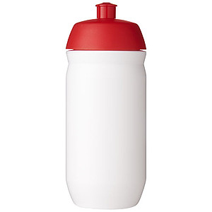 Láhev na pití 500ml, tělo je bílé z pružného plastu, víčko je červené