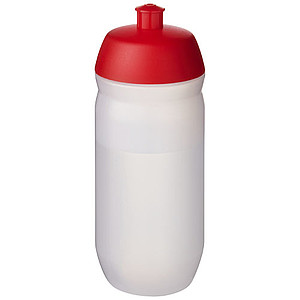 Láhev na pití 500ml, tělo je matně čiré z měkkého plastu, víčko je červené