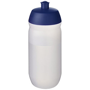 Láhev na pití 500ml, tělo je matně čiré z měkkého plastu, víčko je modré