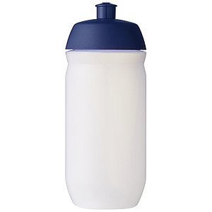 Láhev na pití 500ml, tělo je matně čiré z měkkého plastu, víčko je modré